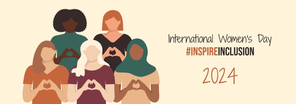 International Women's Day banner 2024. IWD InspireInclusion horizontal design with girls shows Heart Shape with their hands. Inspire inclusion social campaign. Varied Women in faceless style.