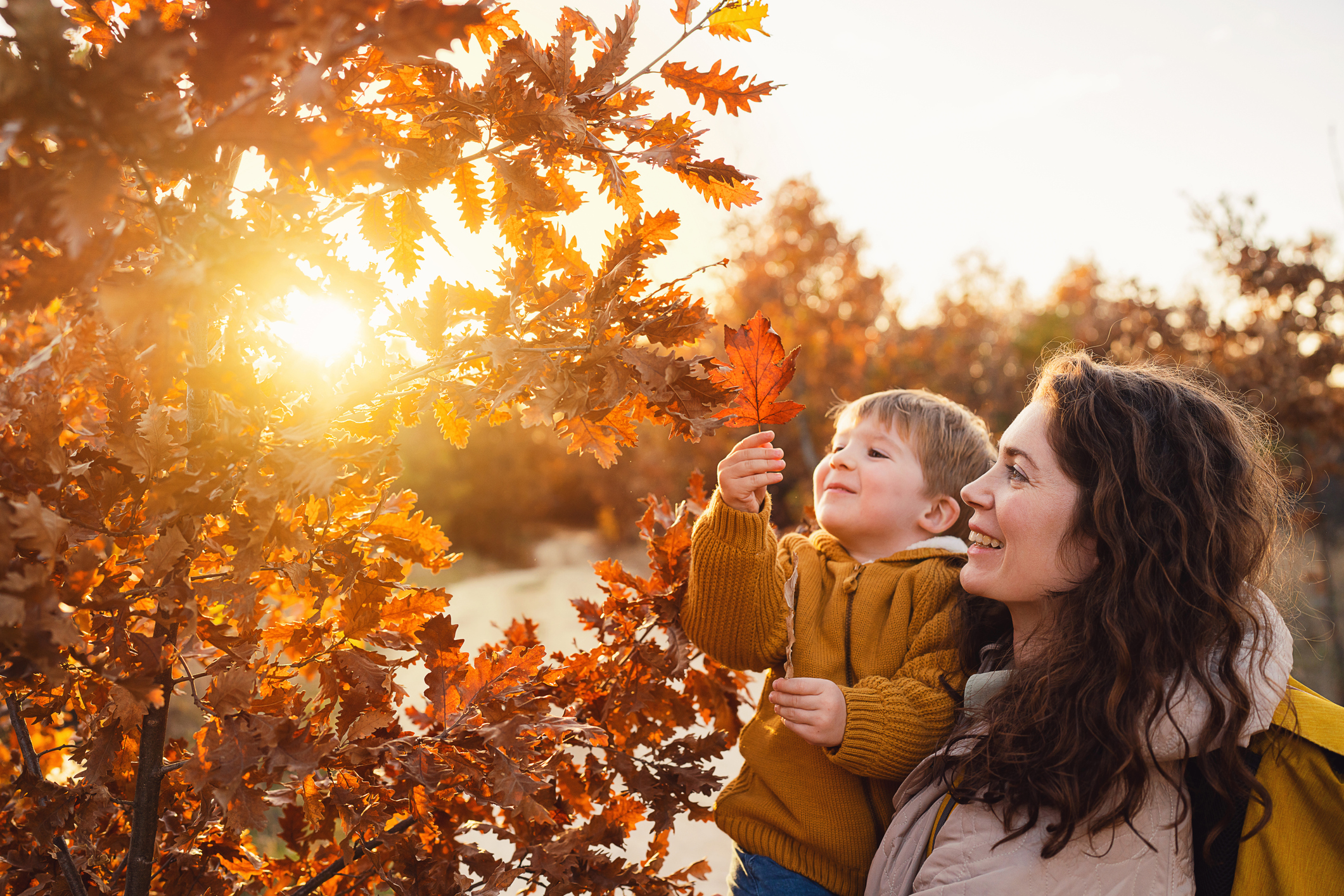 Mother and son enjoying a carefree autumn day in nature