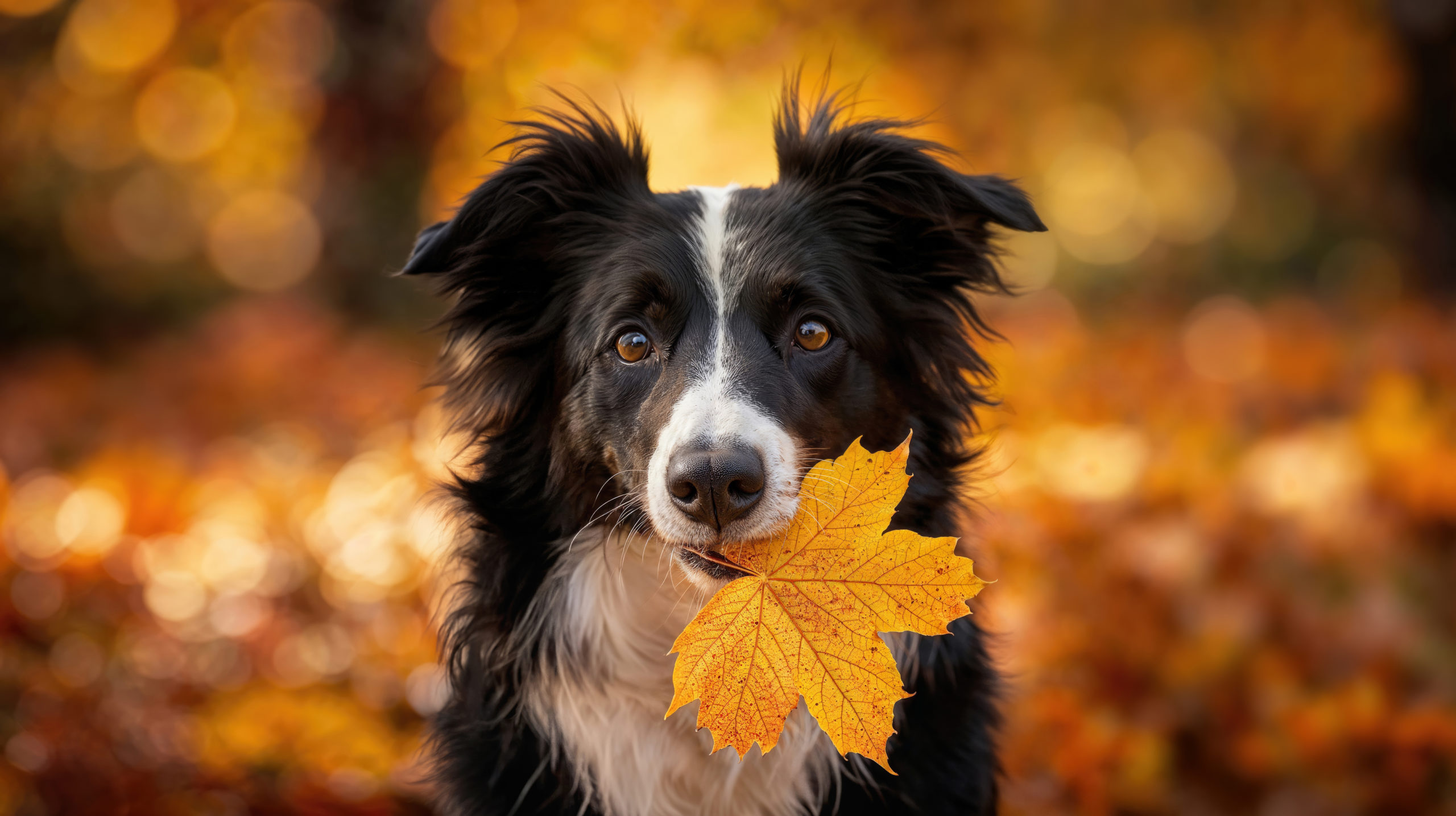 Border Collie Holding a Golden Maple Leaf in Autumn Splendor